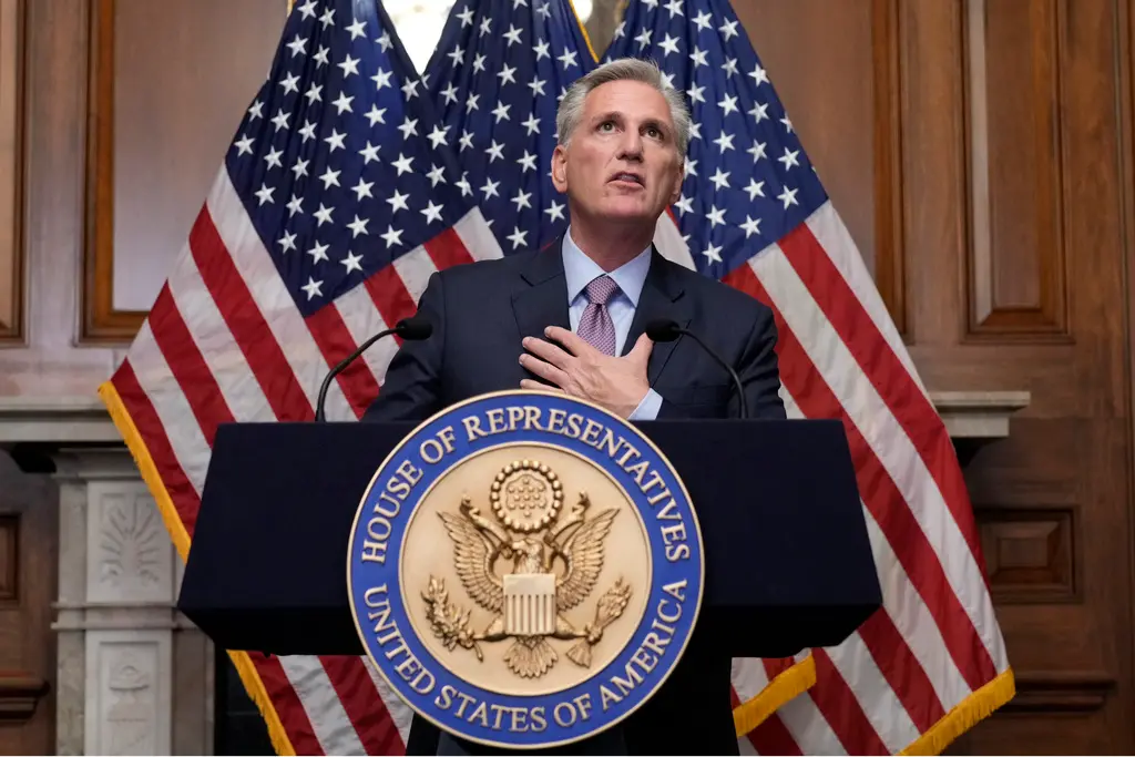 ▲美國聯邦眾議院當地時間3日舉行投票，眾議長麥卡錫（Kevin McCarthy）以216對210票遭到罷免，成為美國史上首位被罷免的眾議長。（圖／美聯社／達志影像）