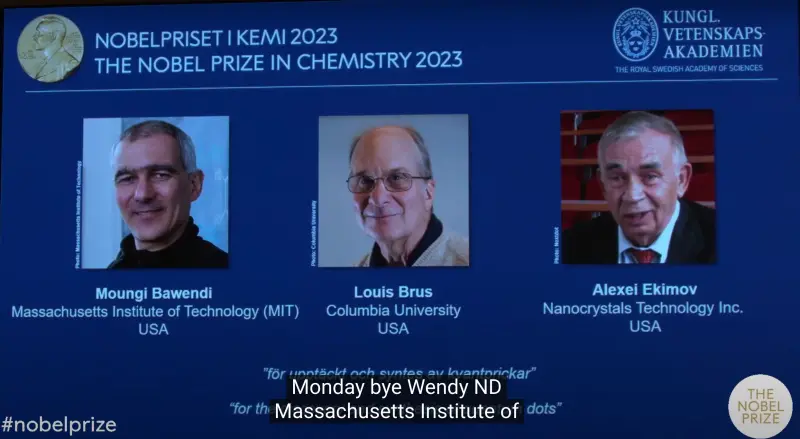 ▲2023年的諾貝爾物化學獎揭曉，由巴旺迪（Moungi G. Bawendi）、布魯斯（Louise E. Brus）、埃基莫夫（Alexei I. Ekimov）等3人獲得這項殊榮。（圖／翻攝自Nobel Prize的頒獎典禮直播）