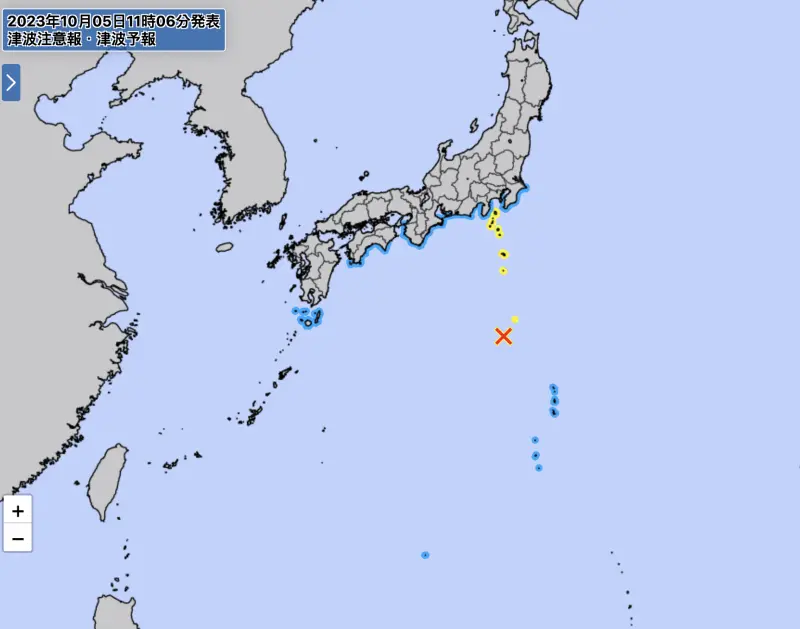▲日本外海今天上午發生芮氏規模6.6地震，日本氣象廳在台灣時間上午10時6分針對伊豆群島發布「海嘯注意報」。（圖／翻攝自日本氣象廳）