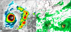 ▲（左圖）7日2時紅外線雲圖顯示，「中颱小犬」仍有清晰的颱風眼。（右圖）國慶日為東北風型態，迎風面水氣多。兩熱帶擾動一在關島附近，另一在呂宋島東側。（圖／翻攝自「三立準氣象.老大洩天機」）