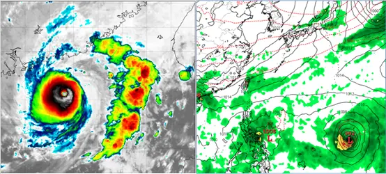 ▲（左圖）7日2時紅外線雲圖顯示，「中颱小犬」仍有清晰的颱風眼。（右圖）國慶日為東北風型態，迎風面水氣多。兩熱帶擾動一在關島附近，另一在呂宋島東側。（圖／翻攝自「三立準氣象.老大洩天機」）