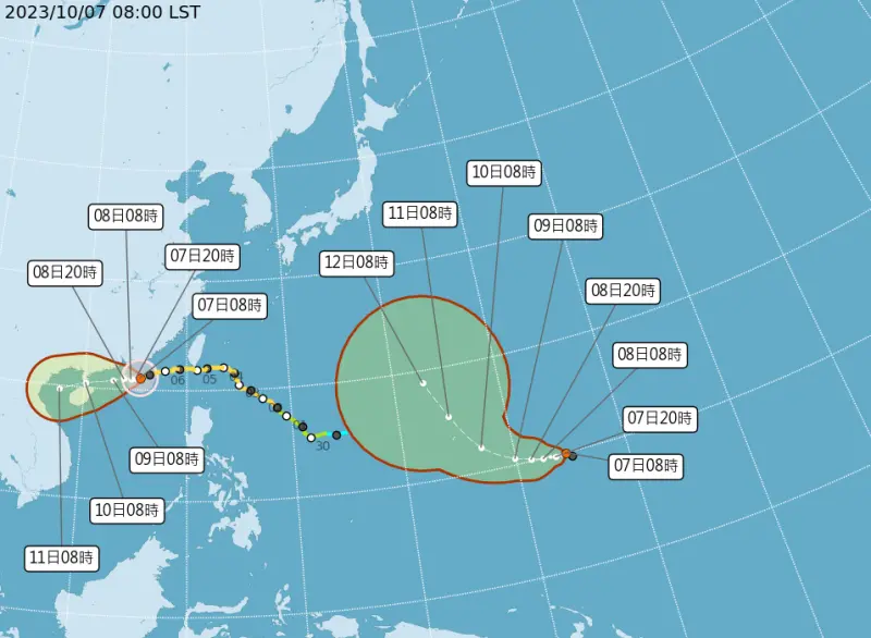 ▲位在關島東南方的熱帶性低氣壓，在今（7）日下午2時，正式生成今年第15號颱風「布拉萬」(Bolaven）。（圖／中央氣象署）