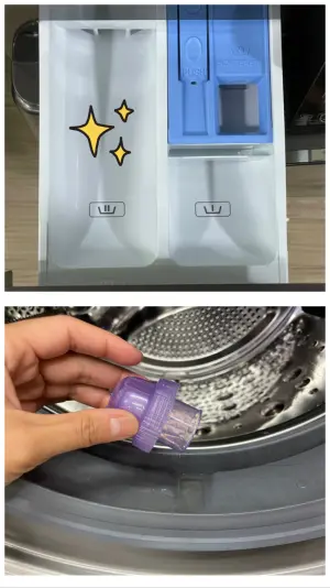 ▲486先生表示，也可以將洗衣精倒在滾筒式洗衣機橡圈上，可以保證洗劑完全溶解，不會殘留一坨沾到衣服。（圖／翻攝自486先生臉書）