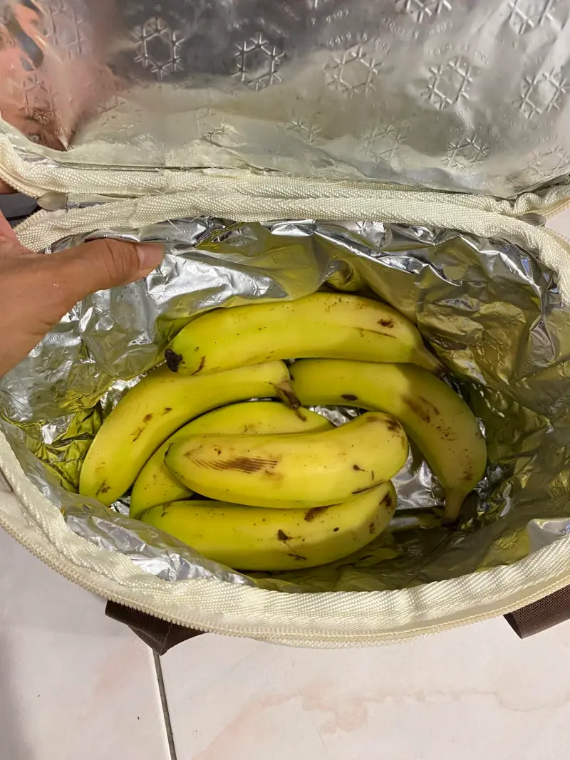 ▲網友利用保冰袋存放香蕉，把香蕉放進保冰袋後放入冰箱，一週後香蕉還是一樣黃，不會變黑。（圖/家常菜）