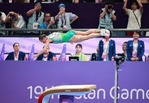 ▲烏茲別克「體操媽媽」Oksana Chusovitina(丘索維金娜)，宣布再戰下屆巴黎奧運，將會是生涯「最後一舞」。（圖／特派記者葉政勳攝 ）