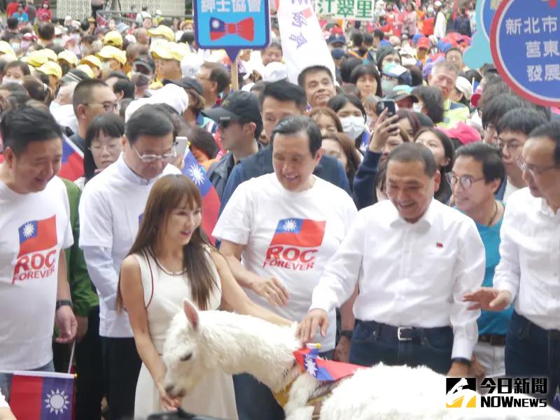 ▲侯友宜出席新北市雙十國慶升旗典禮，歌手王宥忻帶著寵物羊駝「草泥馬」趨前合影。（圖 ／記者吳嘉億攝，2023.10.10）