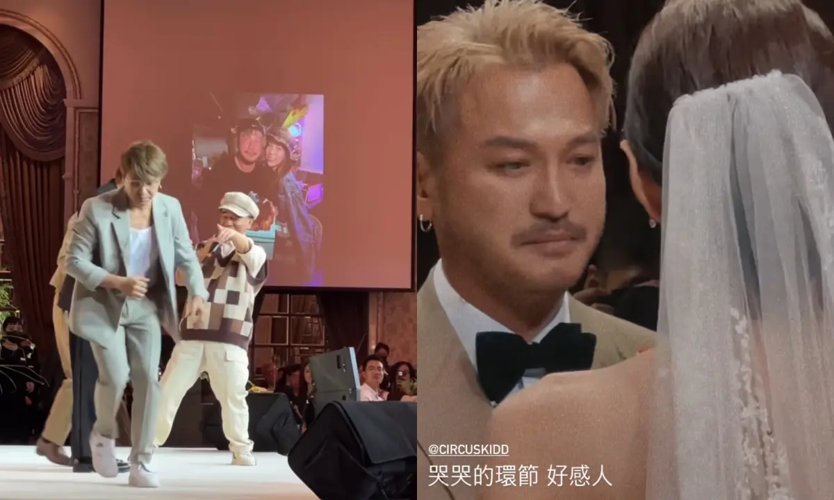 ▲KID（林柏昇）與老婆Rita在國慶雙十節這天補辦婚宴，歐弟（歐漢聲）救援坤達跟吳宗憲合唱《笨小孩》。（圖／魏如昀、梁云菲IG）