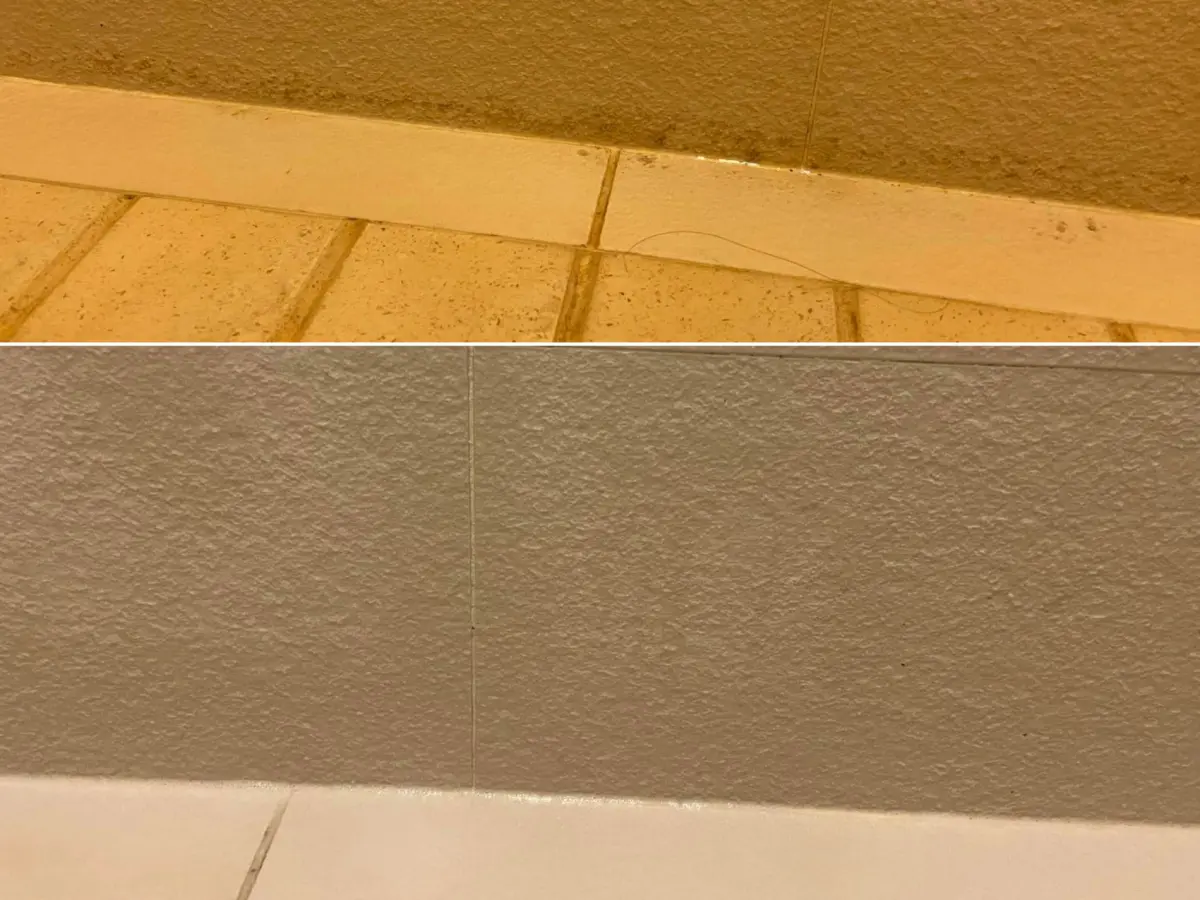 ▲網友分享全聯去霉神物，噴在發霉處（上圖）靜候15分鐘後免刷，用水一沖霉斑全消失（下圖），噴在排水孔還可防蟑螂。（圖／我愛全聯-好物老實説臉書）　