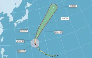 ▲布拉萬颱風目前正向北北東轉東北，將在日本東南方遠海迴轉，加速遠離日本，對台灣並無影響。（圖／翻攝中央氣象署官網）