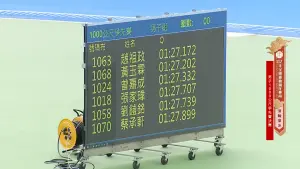 ▲趙祖政則還原亞運時黃玉霖的動作,終點線前劈腿伸長腳,最終以0.03秒之差拿下金牌。(圖/YT@112年全國運動會在臺南) ▲趙祖政則還原亞運時黃玉霖的動作,終點線前劈腿伸長腳,最終以0.03秒之差拿下金牌。(圖/YT@112年全國運動會在臺南)