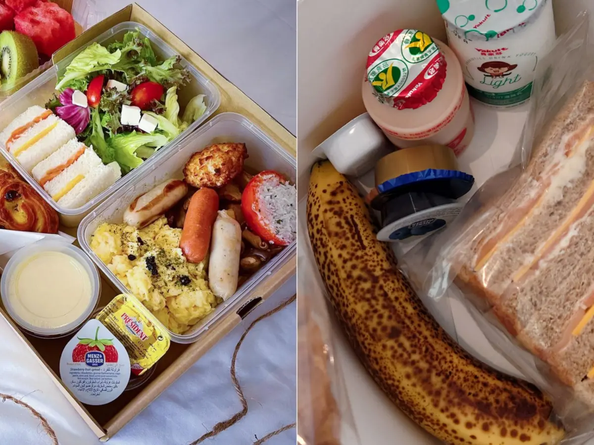 ▲網友抱怨入住台南5星晶英酒店，660元加購的早餐餐盒（圖右）讓他很失望。對照台南晶英酒店2年前疫情期間供應的外帶早餐餐盒（圖左），落差超大。（圖／翻攝當事飯店、好想住飯店 好康.踩雷不藏私臉書）