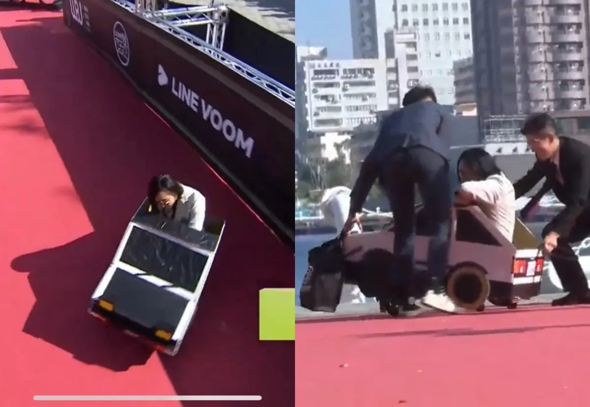 ▲「漫遊者」小湯開著小車暴衝，拿拿摳和阿拉斯看傻直呼：「出事了！阿北出事了！」。（圖／走鐘獎YT）