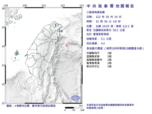 ▲15:56地震，震央位在花蓮縣東方59.2公里處，地震深度5.1公里，芮氏規模為4.4。（圖／中央氣象署）
