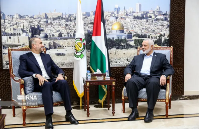 ▲伊朗外交部長阿卜杜拉希揚，在卡達與哈馬斯領導人哈尼亞會晤。（圖／翻攝自伊斯蘭共和國通訊社）