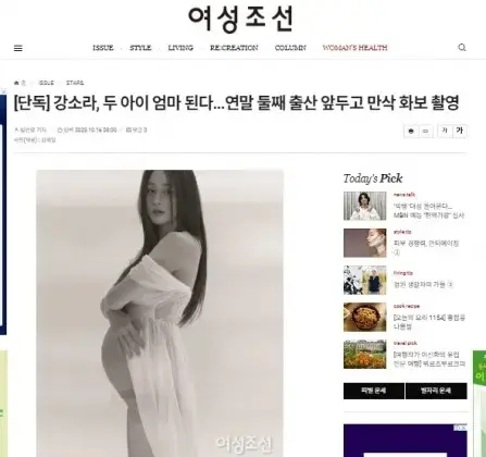 ▲姜素拉孕肚照曝光。(圖/翻攝韓國雜誌《女性朝鮮》)