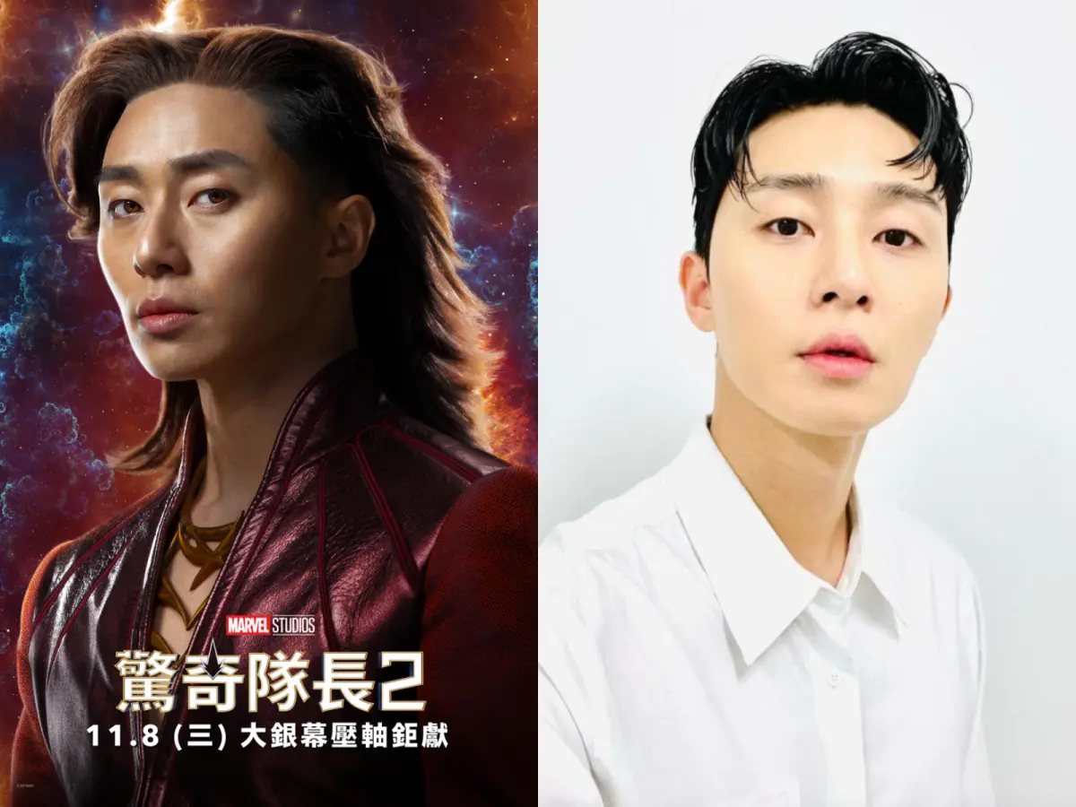 ▲朴敘俊《驚奇隊長2》中分長髮造型翻車，粉絲崩潰喊：「衣服跟汪達借？」（圖／迪士尼、朴敘俊Instagram）