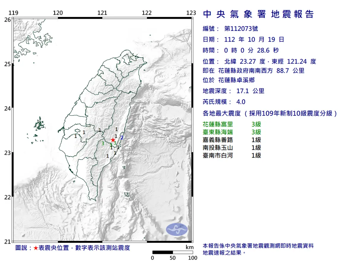 ▲中央氣象署地震測報中心資料，今（19）日零時00分28秒花蓮縣卓溪鄉發生芮氏規模4.0地震。（圖／中央氣象署）