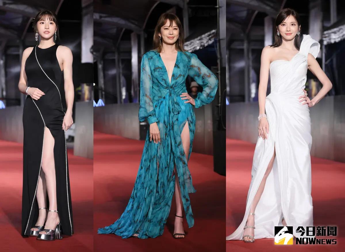 ▲第58屆金鐘獎紅毯星光熠熠，Melody（中）大秀白皙美腿，蔡黃汝豆花妹（右）與峮峮（左）害羞露出腳趾頭。（圖／NOWnews攝影中心）