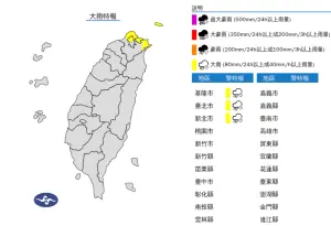 ▲中央氣象署針對部分地區發布大雨特報，降雨將持續到明（21）日清晨。（圖／中央氣象署）