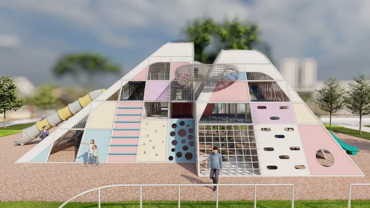 ▲高雄藍田公園將變身為高雄最大的鹽山主題遊戲區，其中有設計7公尺高的鹽山主題遊戲塔，圖為完工模擬圖。（圖／高雄市工務局提供）