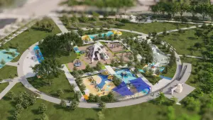 ▲藍田公園將打造鹽田意象的親水遊戲區，圖為全景模擬圖。（圖／高雄市工務局提供）