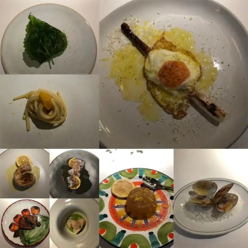 ▲U網友分享套餐9道菜品，其中「一片葉子」、「一口麵」、蛤蜊不夠飽滿、蘆筍荷包蛋的賣相都讓眾人驚艷。（圖／取自批踢踢）