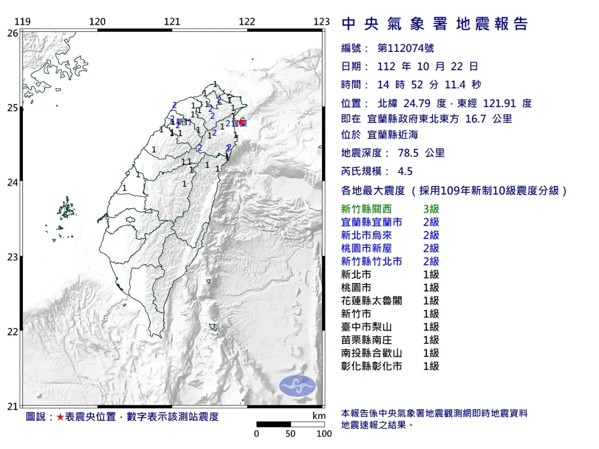 ▲今（22）日下午2時52分，在宜蘭縣近海發生芮氏規模4.5地震。（圖／中央氣象署提供）