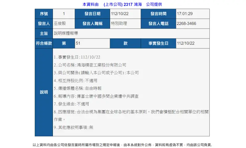 ▲針對傳出傳富士康中國多間企業遭中共調查，鴻海今（22）日發布重訊回應。（圖／擷取自證交所公開資訊觀測站）