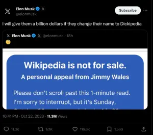 ▲維基百科（Wikipedia）近期公布一項募捐消息，消息被首富馬斯克（Elon Musk）看到後，直接在社群平台X上發文提出質疑。（圖／X@Elon Musk）