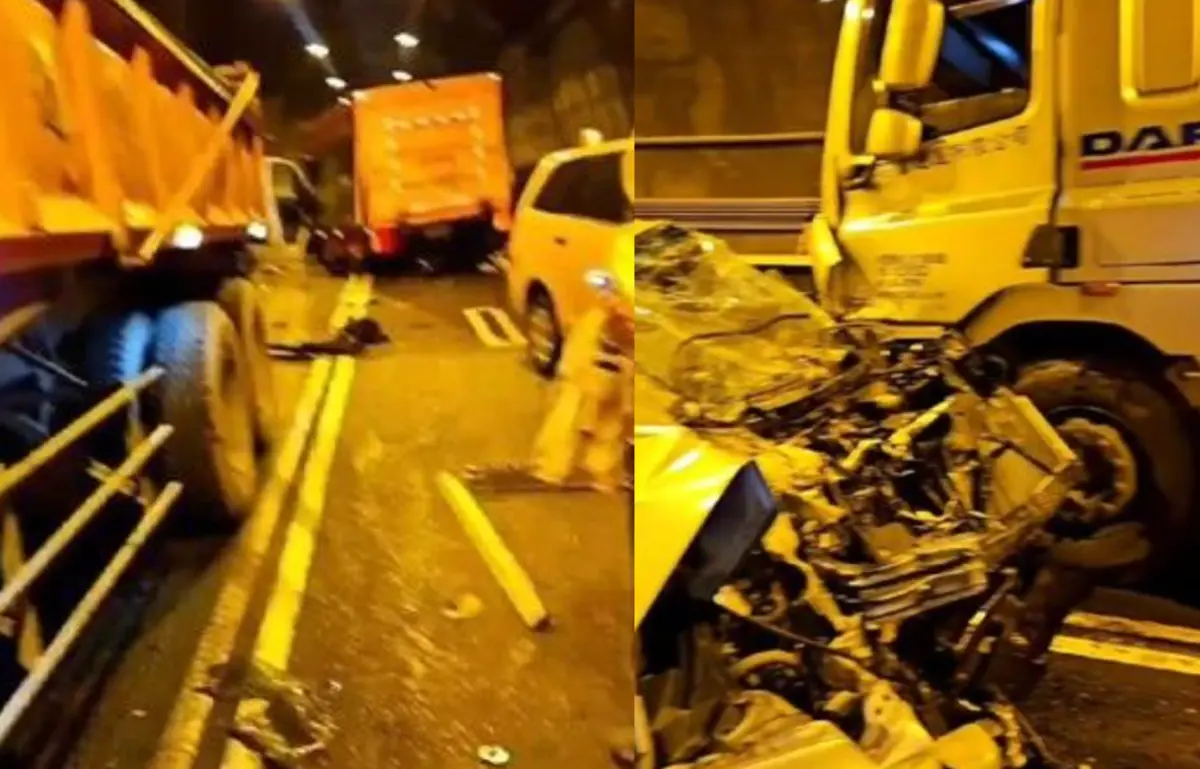 ▲24日下午，宜蘭南澳新澳隧道北上隧道內發生嚴重車禍，現場多車撞成一團，數輛轎車因為撞擊力道過猛慘成廢鐵，疑有重機機車騎士被壓在車底，目前傷亡不明。（圖／翻攝記者爆料網）