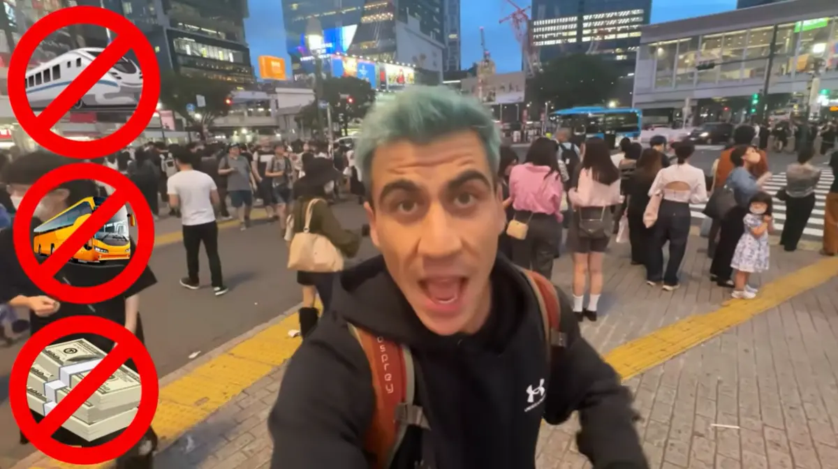 ▲外國YouTuber「Fidias」挑戰不花錢遊玩日本，途中逃票搭車和到飯店吃霸王餐。（圖／擷取自Youtube）