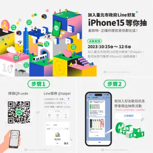 ▲「加入臺北市政府Line好友 iPhone 15等你抽！」線上活動，即日起至2023年12月6日，將抽出3位幸運新好友，送出最新的iPhone 15。（圖／臺北市政府提供）