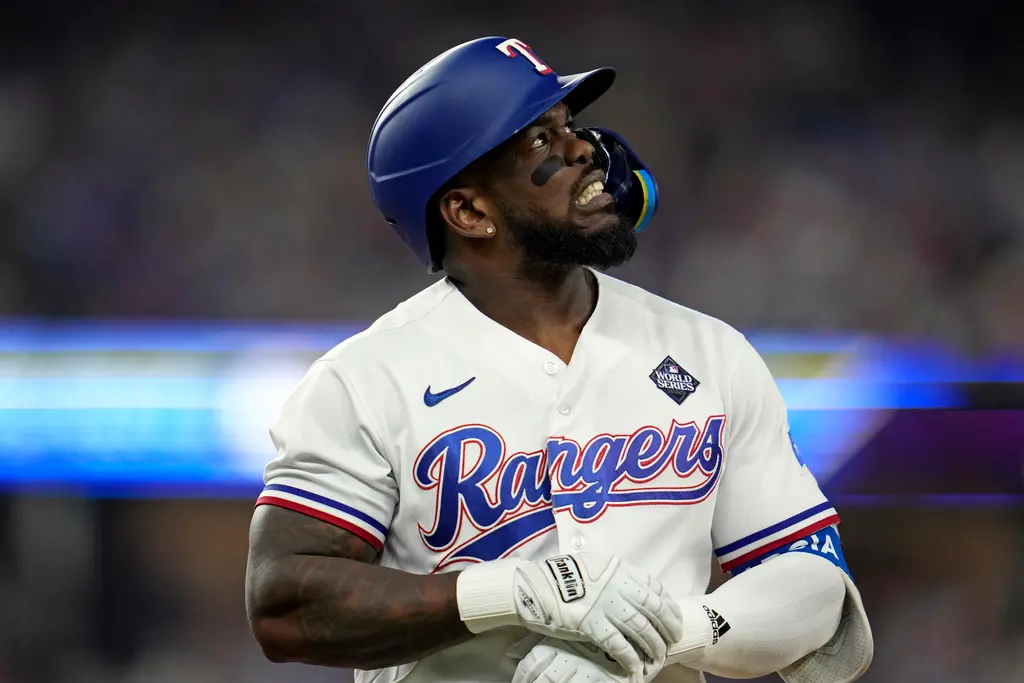 ▲美聯冠軍戰MVP Adolis Garcia，在世界大賽G3意外受傷，今1日確定因傷高掛免戰牌。（圖／美聯社／達志影像）