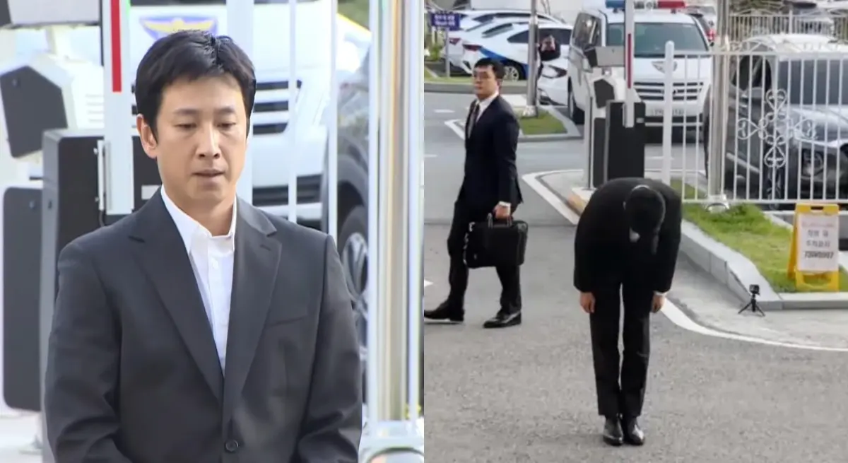 ▲李善均吸毒首露面，到警局接受調查。（圖／翻攝연합뉴스TV、Dispatch YouTube）