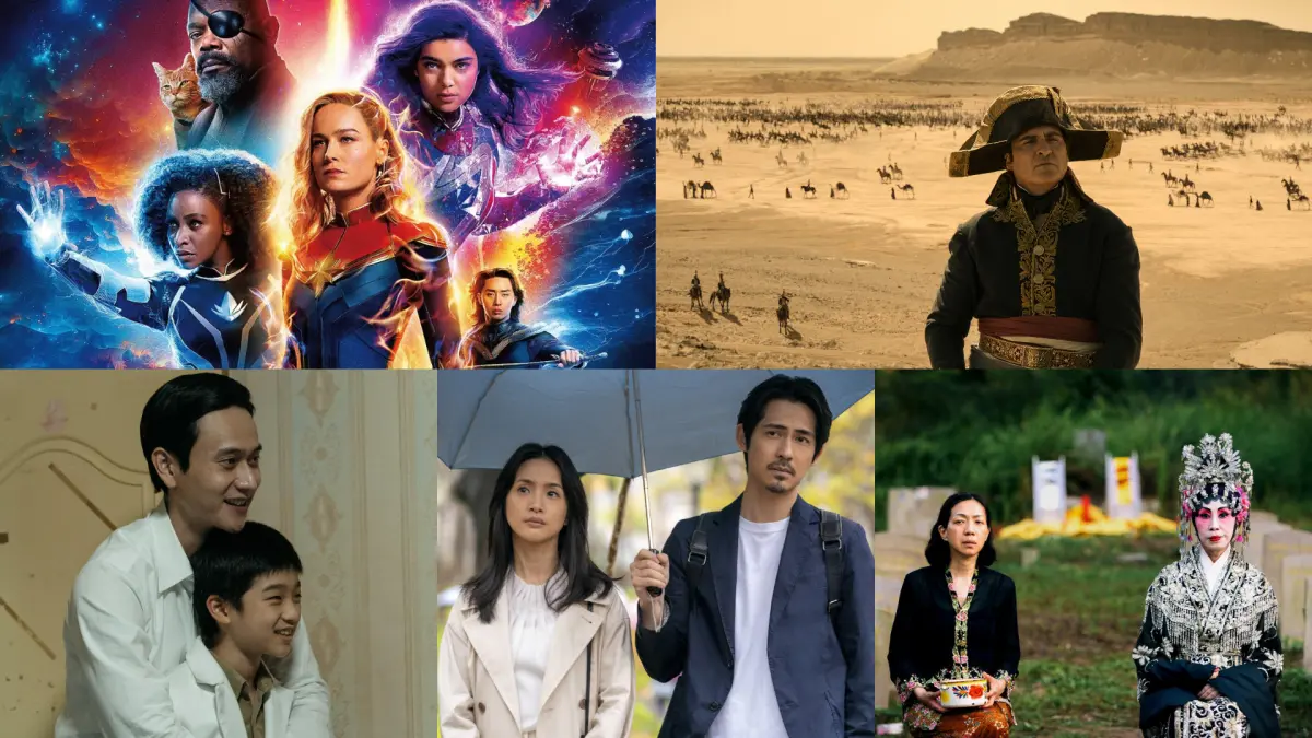 ▲11月強片推薦，看朴敘俊加盟《驚奇隊長2》（左上）開戰、奧斯卡影帝瓦昆化身《拿破崙》（右上），金馬獎大片《老狐狸》（左下起）、《車頂上的玄天上帝》、《五月雪》精采可期。（圖／漫威影業、索尼、華映、甲上、海鵬）