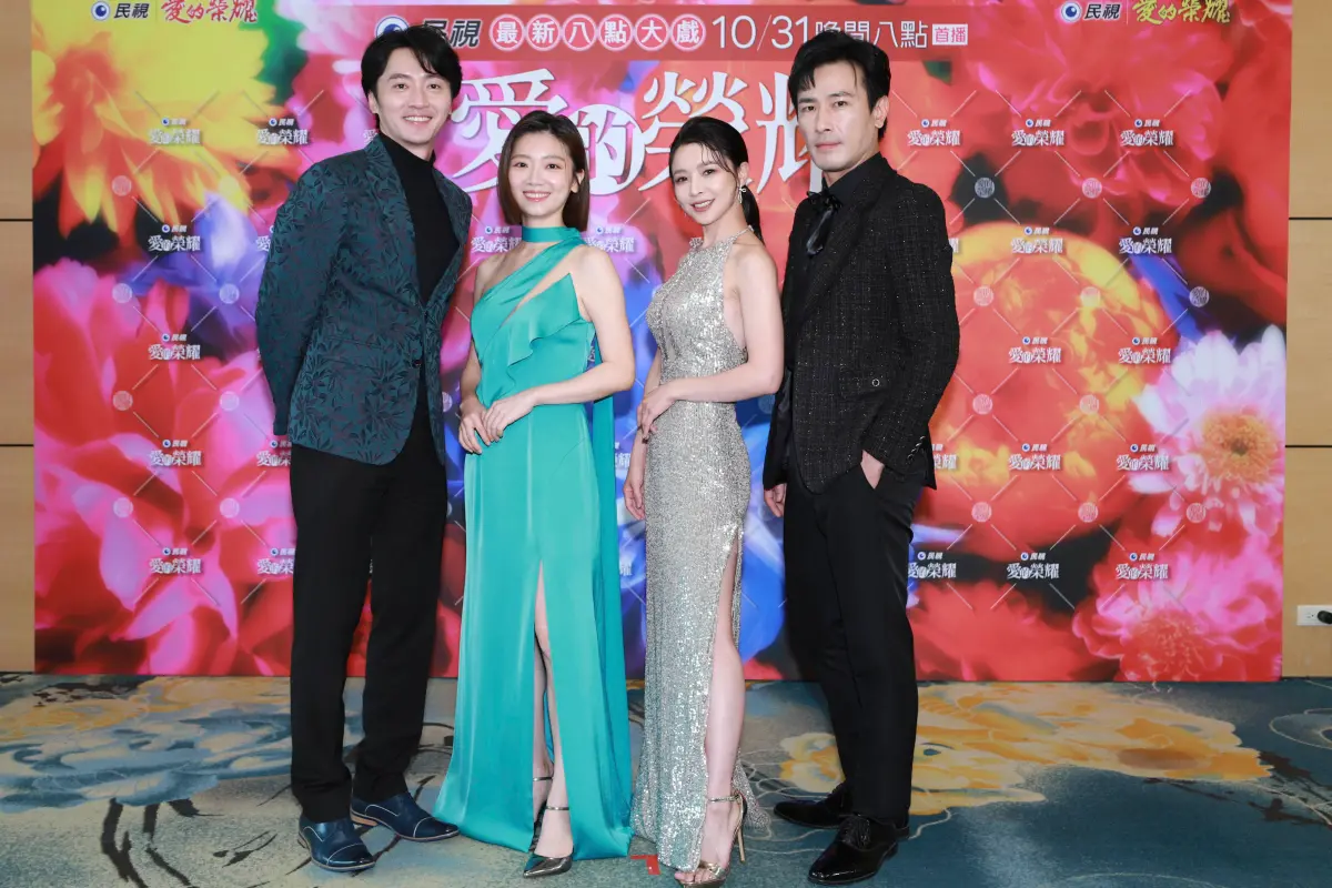 ▲吳婉君（右二）恢復單身火辣出席記者會，和傅子純、傅小芸分享拍戲心得；馬俊麟（左）被抖出老婆帶兒子去拍戲現場盯場。（圖／民視）