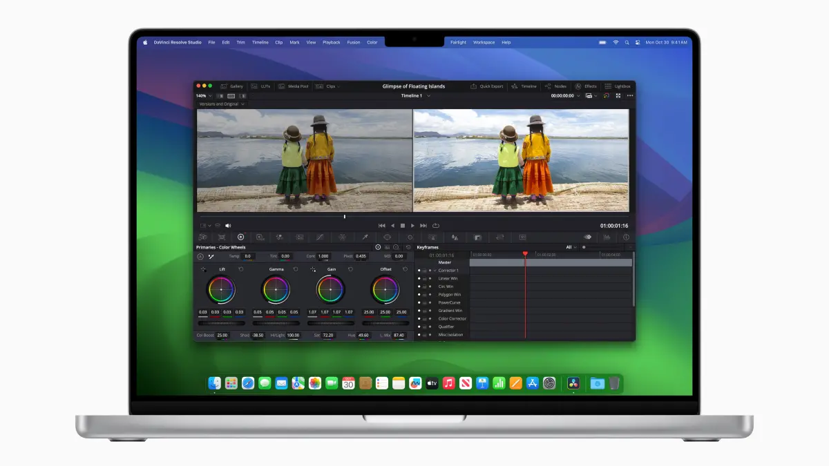 ▲搭載M3 Max晶片的 MacBook Pro，配置兩個 ProRes 引擎，讓用戶即便使用《Blackmagic DaVinci Resolve Studio》編輯軟體也能相當順暢。（圖／官方提供）