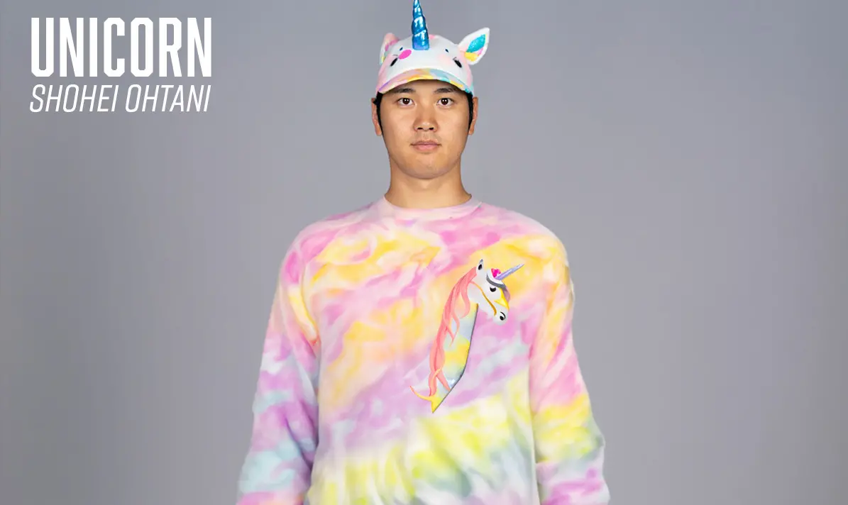 大谷翔平成為萬聖節熱門推薦裝扮為獨角獸，天使球團也合成照片推薦。（圖取自天使推特）