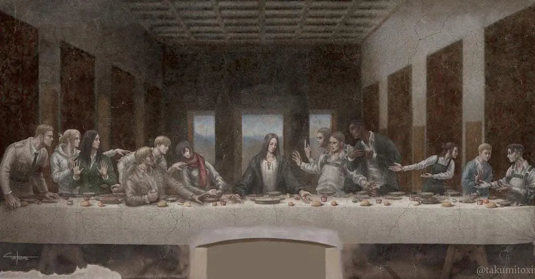 ▲網友繪畫《進擊的巨人》的《最後的晚餐》版本，豐富創意讓人感動落淚。（圖／翻攝自X平台）