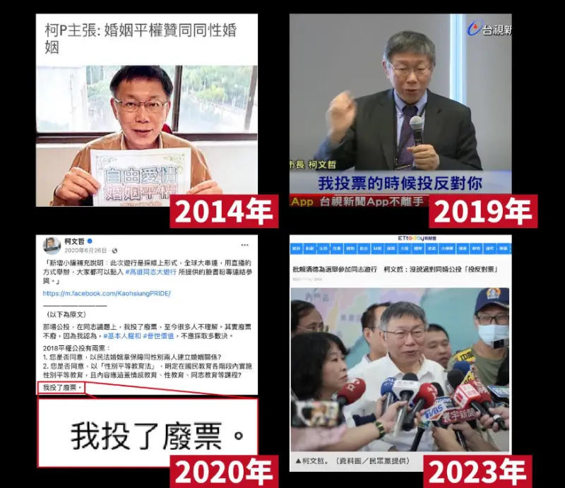 ▲民進黨性平部整理，柯文哲近年來對同婚不同的態度。（圖／民進黨性平部臉書）