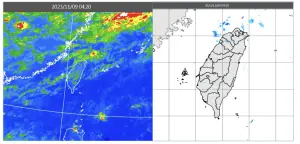 ▲早上4點紅外線色調強化雲圖（左）顯示，台灣上空有高層雲通過，雷達回波合成圖（右）顯示，降水回波非常弱，代表其中含水量很少。各地晴時多雲，仍為白天暖夜晚涼（圖／翻攝三立準氣象.老大洩天機）