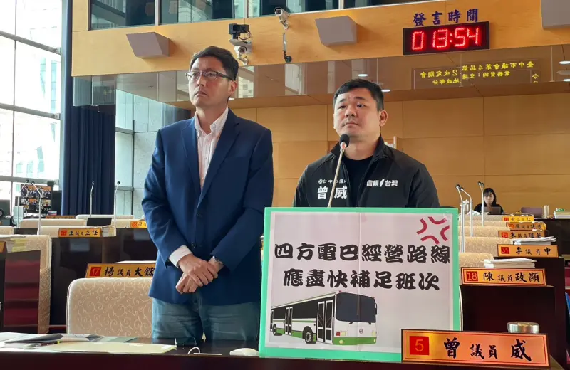 ▲曾威、林德宇質疑四方電巴員工與通勤族權益未受應有保障。(圖/台中市議員曾威提供,2023.11.09)