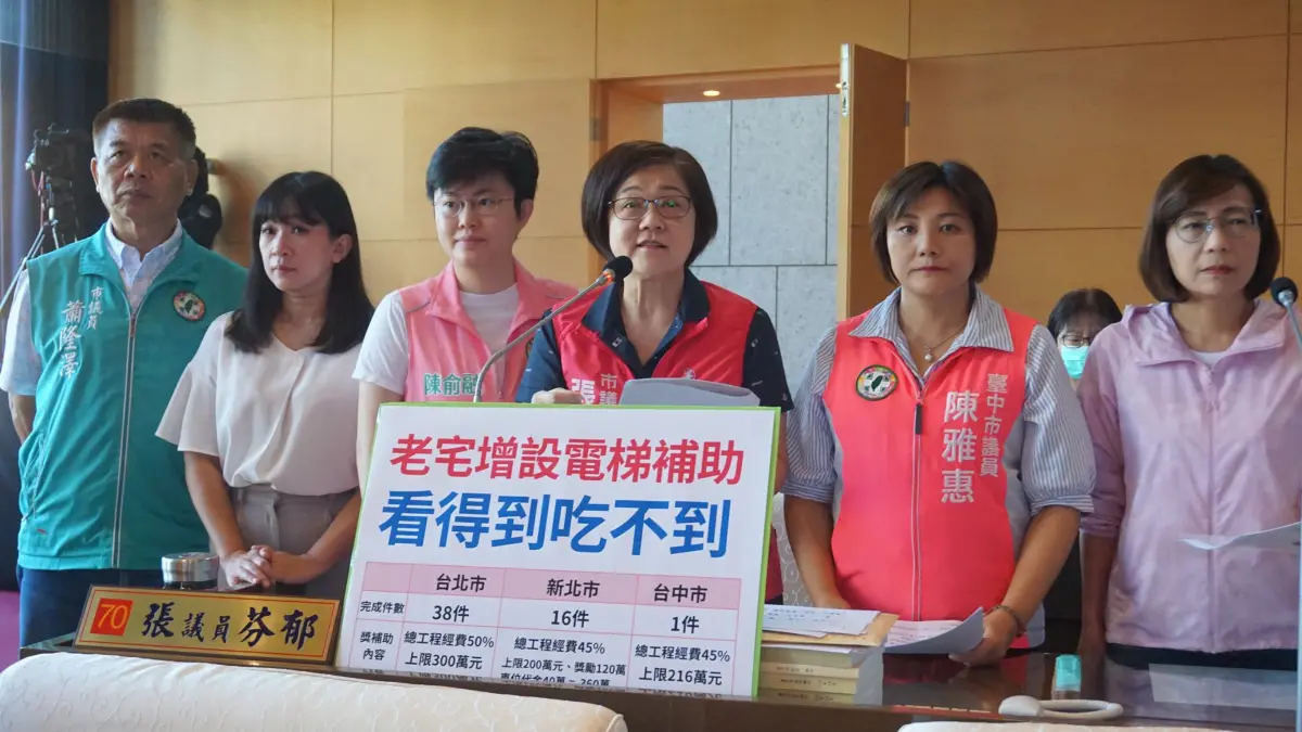 ▲議員張芬郁等人質疑，老舊集合住宅可申請設置電梯補助，「看得到吃不到」(圖／柳榮俊攝2023.11.10)