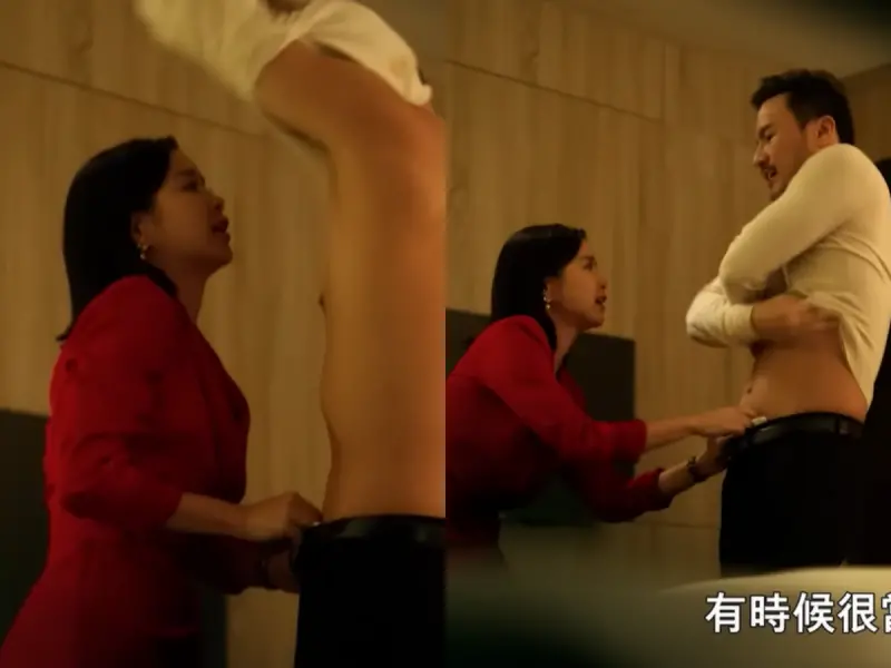 ▲李佳穎（左圖左）在《此時此刻》的紅色風衣內僅穿黑色內衣，與李銘忠（左圖右）滾床單。（圖／翻攝Netflix Asia YouTube）