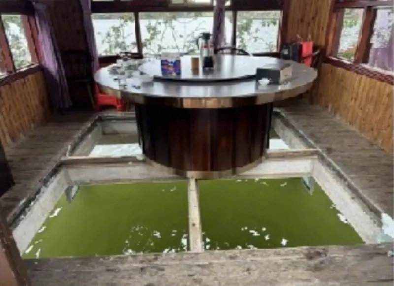 ▲中國福建一間水上餐廳，近日傳出玻璃地板突然破裂，導致有人落水溺斃的離奇事故。（圖／翻攝自微博）