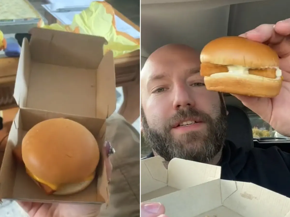 ▲近期不少美國網友抱怨麥香魚變得超迷你（右），專爆麥當勞內幕的麥當勞前廚師邁克實測，發現魚排有略薄，但不如影片那般迷你。（圖／Tik Tok@chefmikeharacz、kellykellzzz）