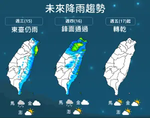 ▲明日有鋒面通過，中部以北及東北部都有短暫雨，東部、東南部地區及中部山區有局部短暫雨。（圖／中央氣象署提供）