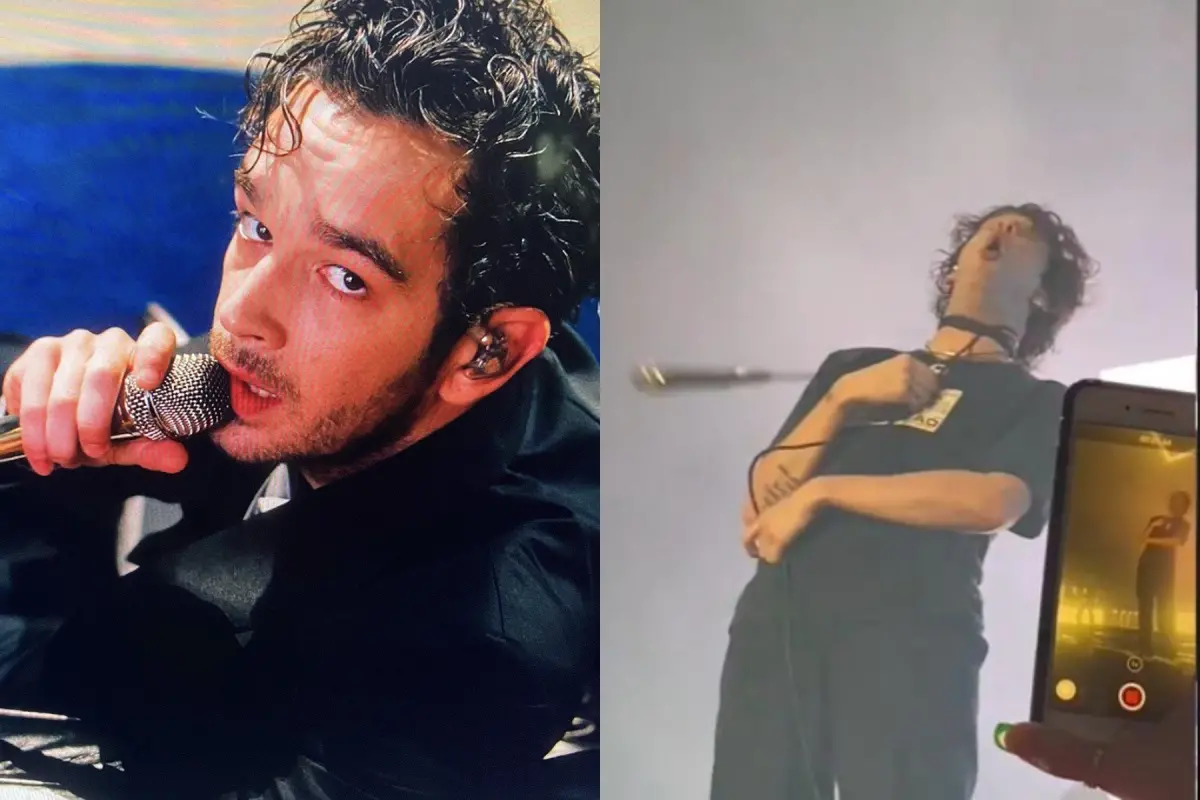 ▲英國搖滾團體The 1975主唱馬修，曾在表演時狂甩麥克風，導致電線緊勒脖子。（圖／The 1975 IG、抖音）