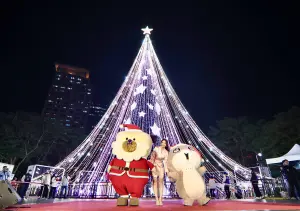 ▲吉祥物桑塔熊與爛貓人也出現在天幕式耶誕樹前。（圖／記者陳明中攝）