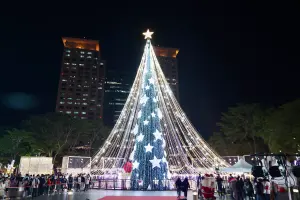▲天幕式耶誕樹位在市民廣場，從另一側看到耶誕樹僅上半身，顯得浪漫優雅。（圖／記者陳明中攝）